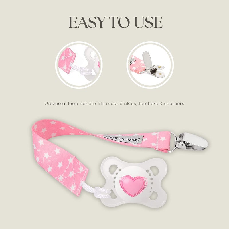 Dodo Babies Pacifier Clip with Case Set - 5-Piece Set, Pink & Gray Prints - Universal Binkie Clip & Holder Fits Most Pacifiers & Teethers - Secure Fastener for Bibs & Baby Car Seat - Image 4